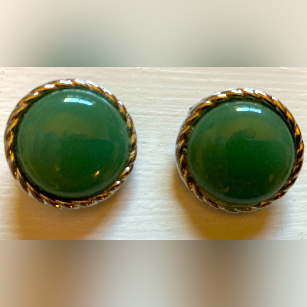 Vintage Green and Silver Clip Earrings
